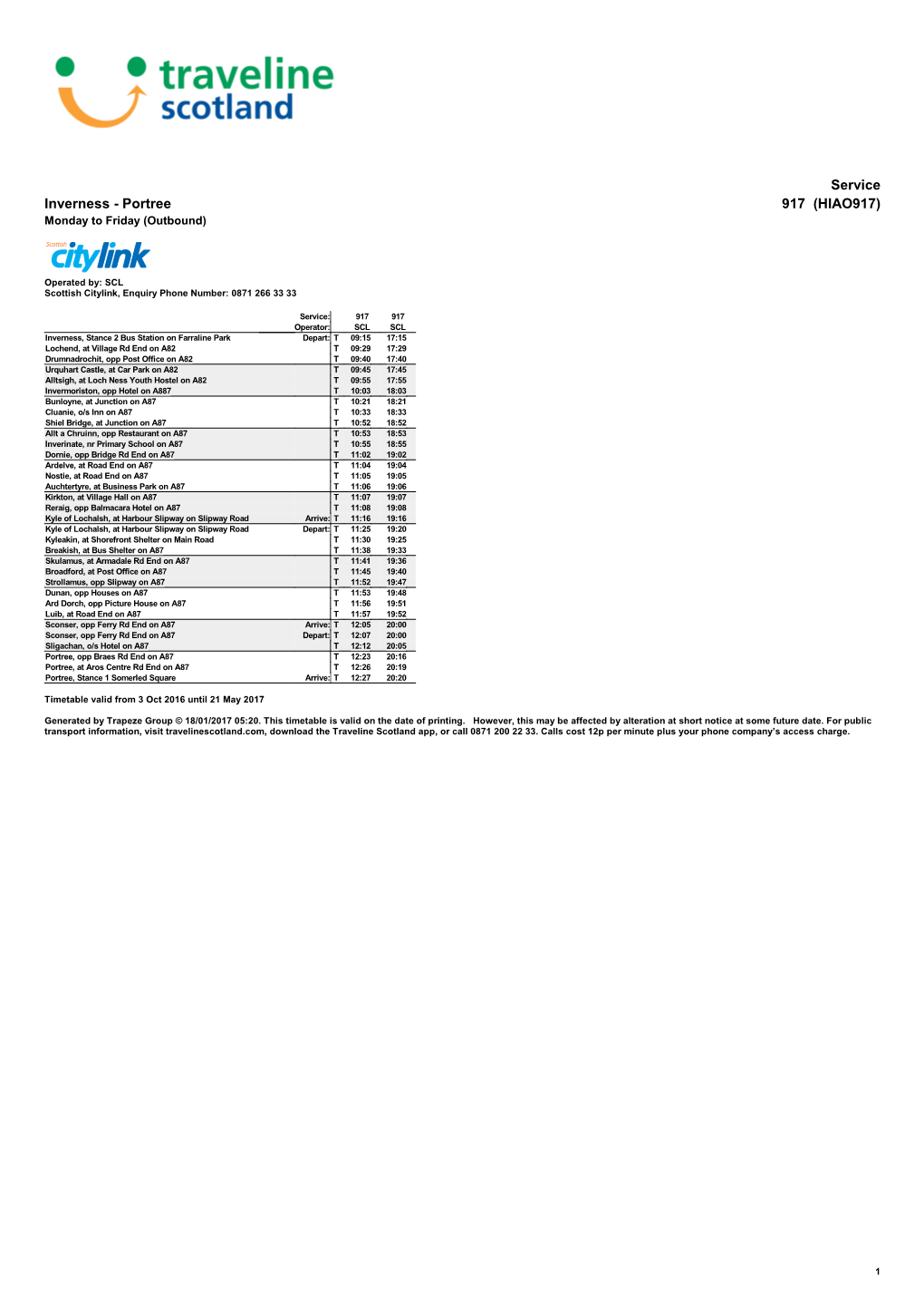 Service Inverness - Portree 917 (HIAO917) Monday to Friday (Outbound)