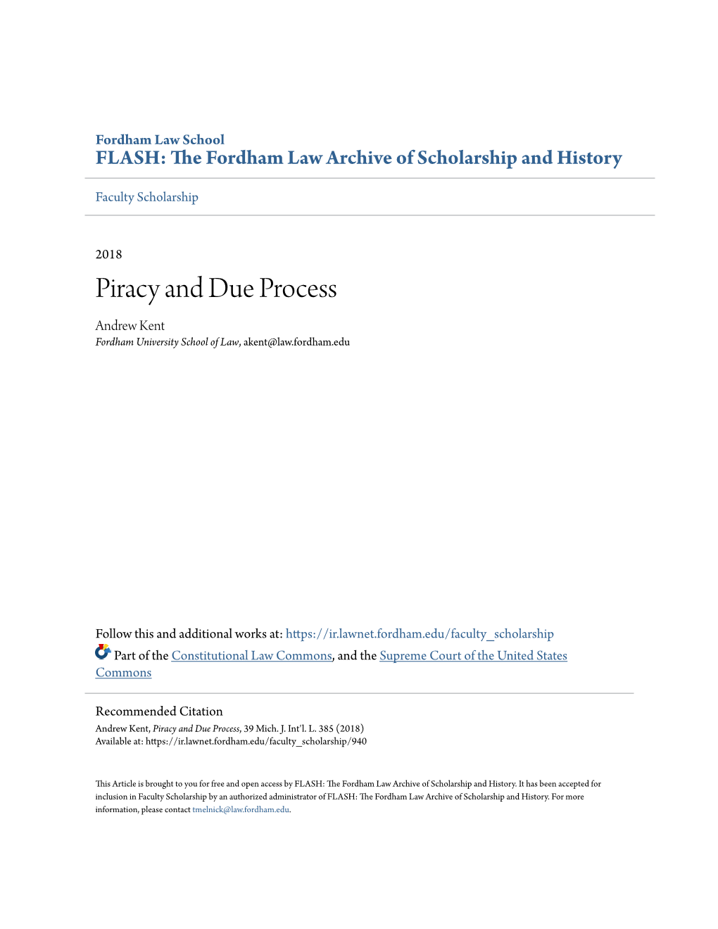 Piracy and Due Process Andrew Kent Fordham University School of Law, Akent@Law.Fordham.Edu