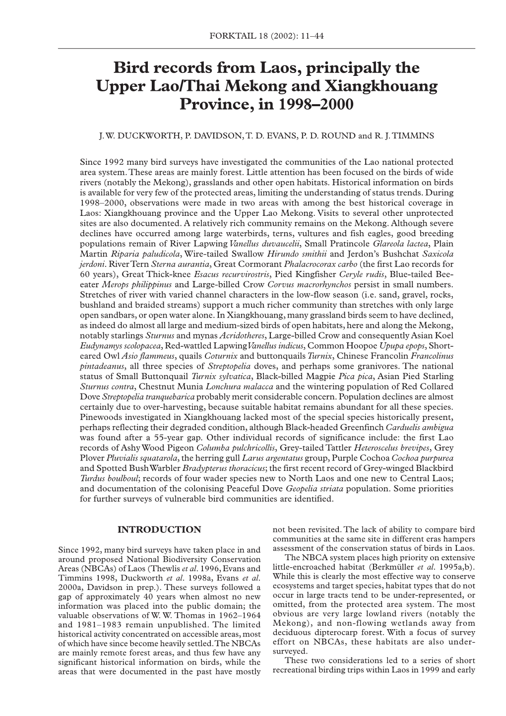 Bird Records from Laos, Principally the Upper Lao/Thai Mekong and Xiangkhouang Province, in 1998–2000