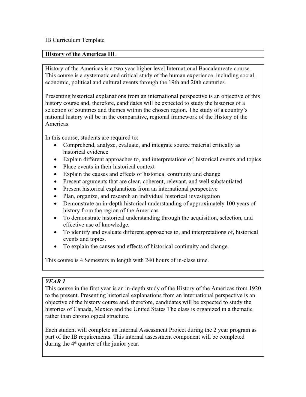 IB Curriculum Template History of the Americas HL History Of