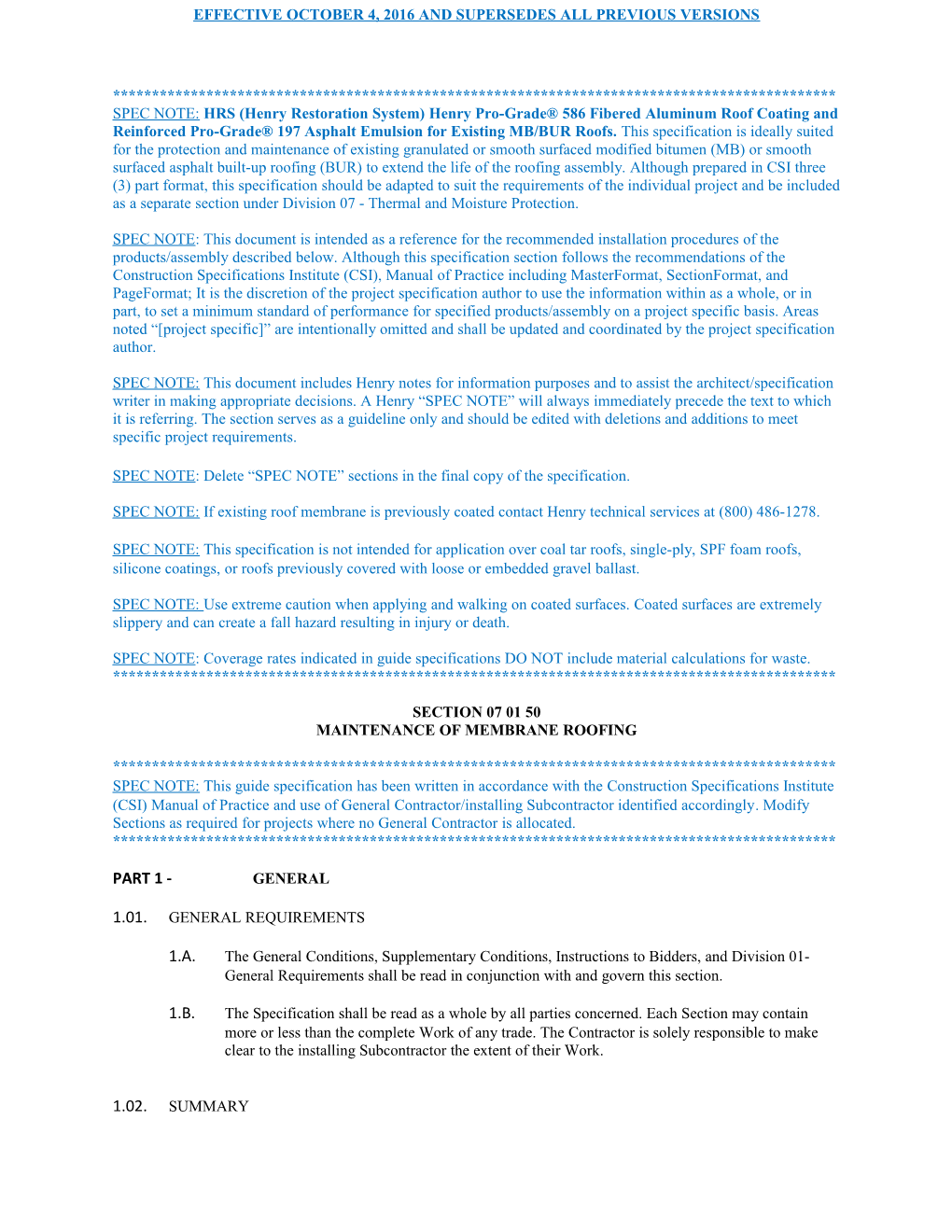 SPEC NOTE: Delete SPEC NOTE Sections in the Final Copy of the Specification s2