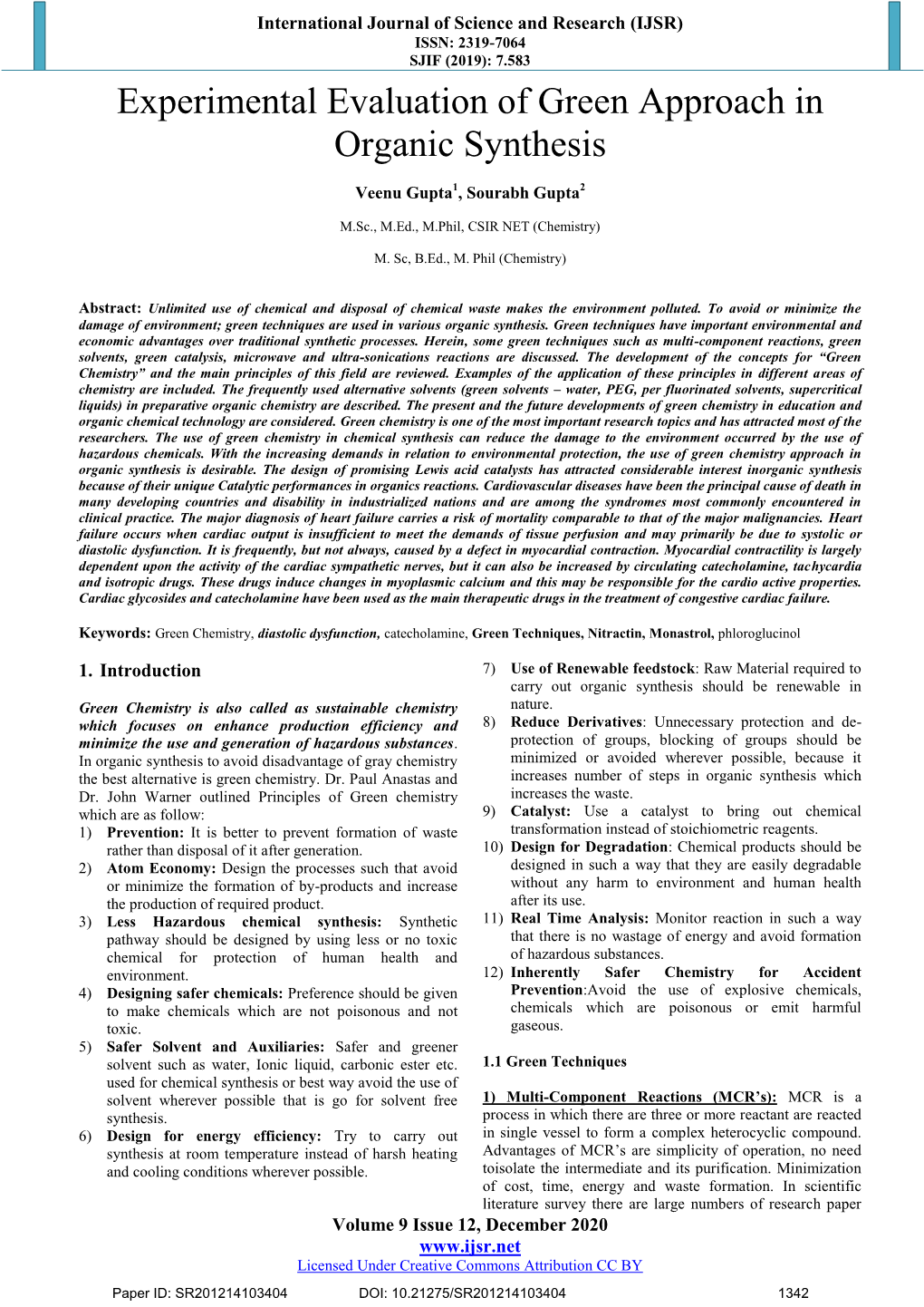 Experimental Evaluation of Green Approach in Organic Synthesis