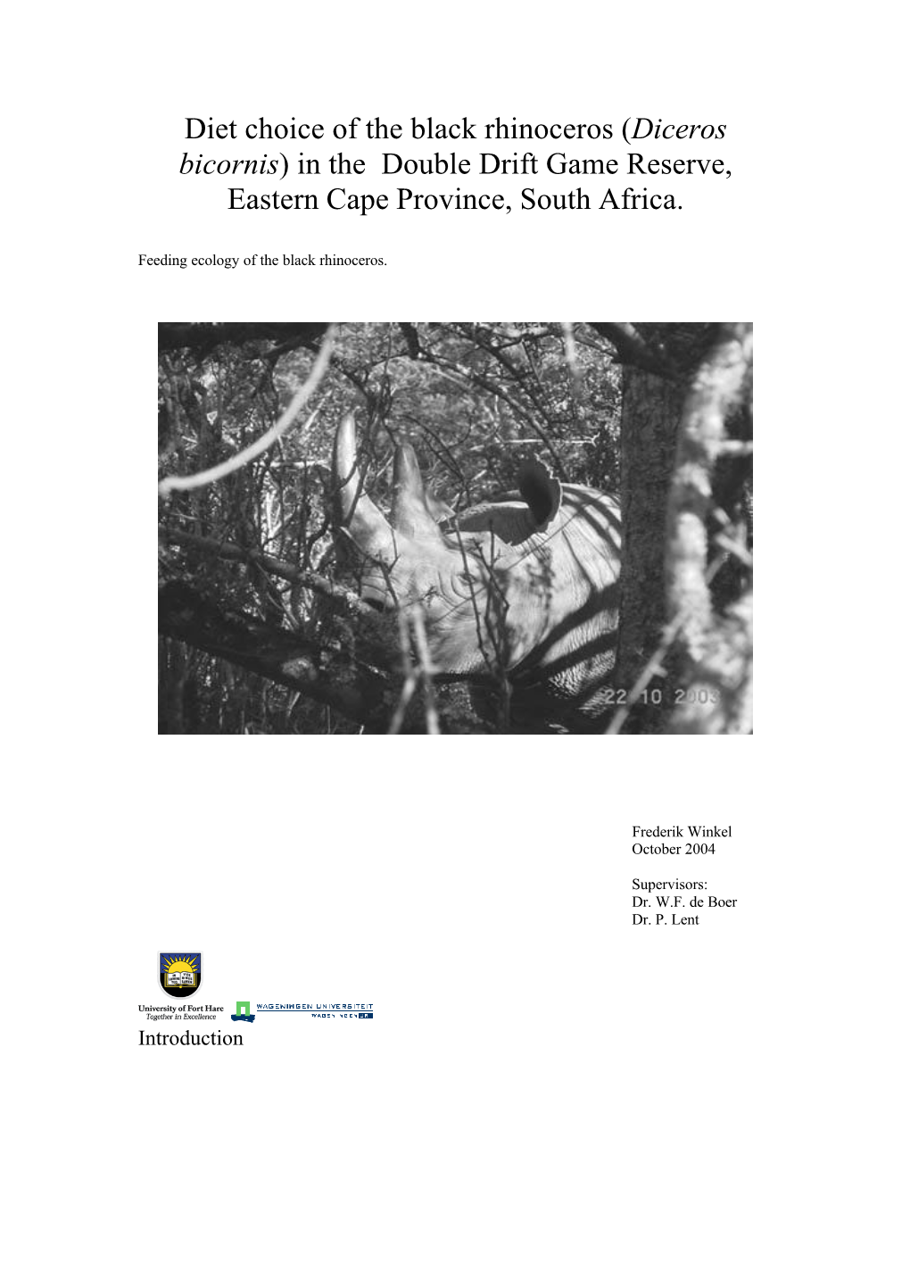 Diet Choice of the Black Rhinoceros (Diceros Bicornis) in the Double Drift Game Reserve, Eastern Cape Province, South Africa