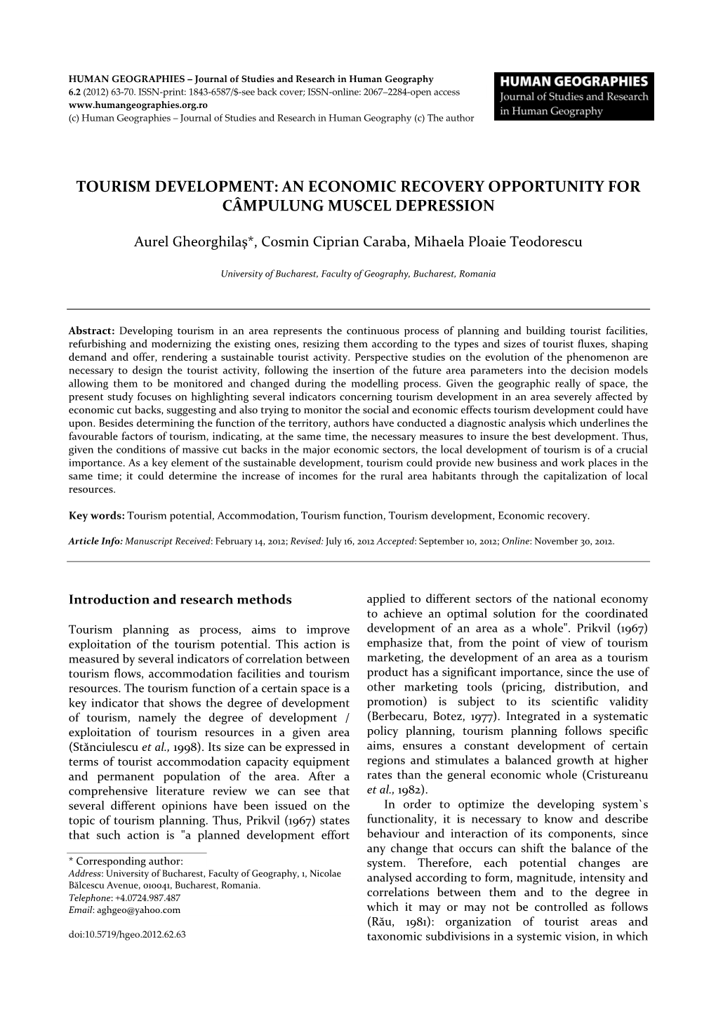 Tourism Development: an Economic Recovery Opportunity for Câmpulung Muscel Depression