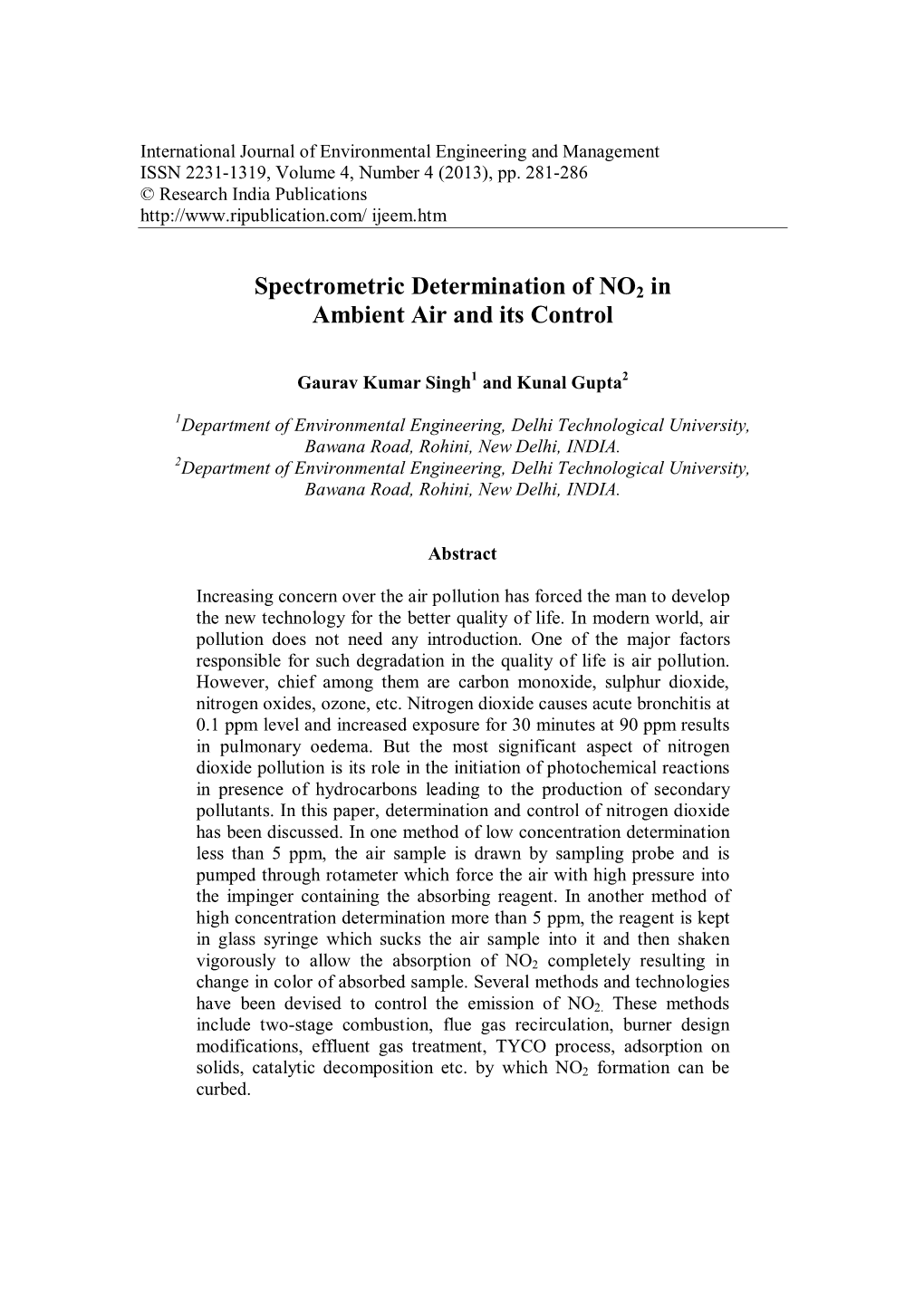 Spectrometric Determination of NO2 in Ambient Air and Its Control