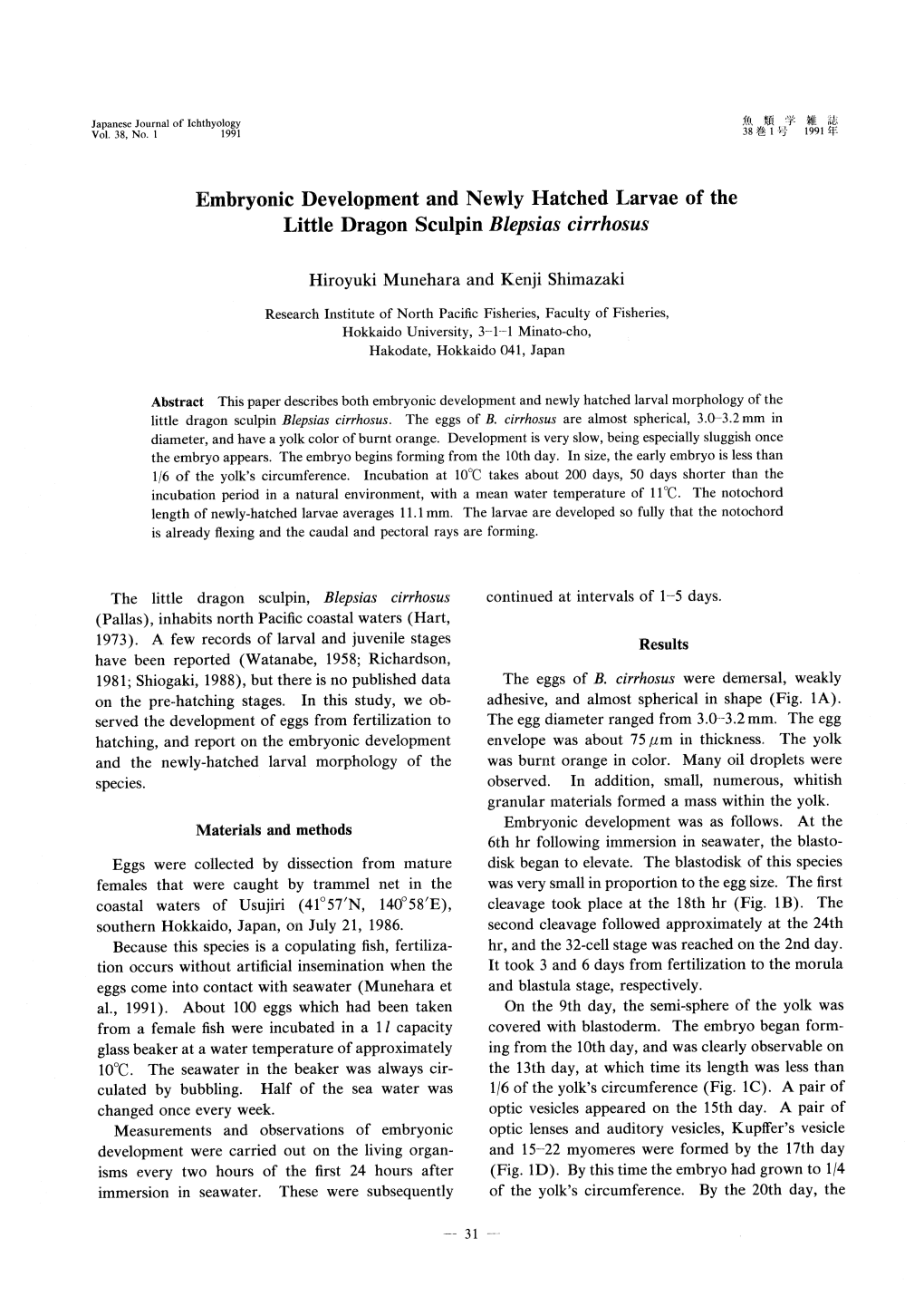 Embryonic Development and Newly Hatched Larvae of the Little Dragon Sculpin Blepsias Cirrhosus