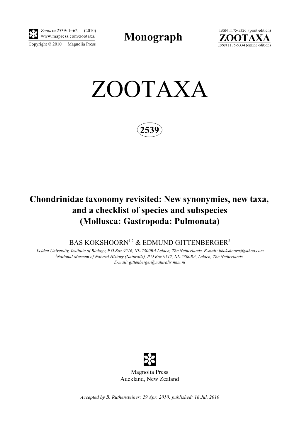 Zootaxa, Chondrinidae Taxonomy Revisited