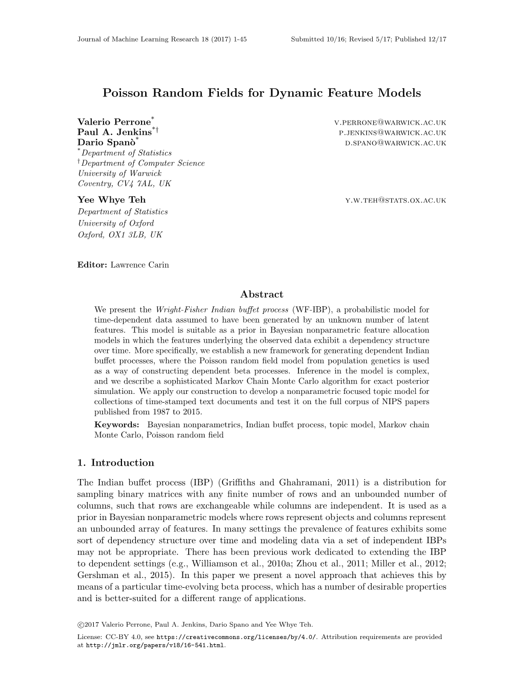 Poisson Random Fields for Dynamic Feature Models