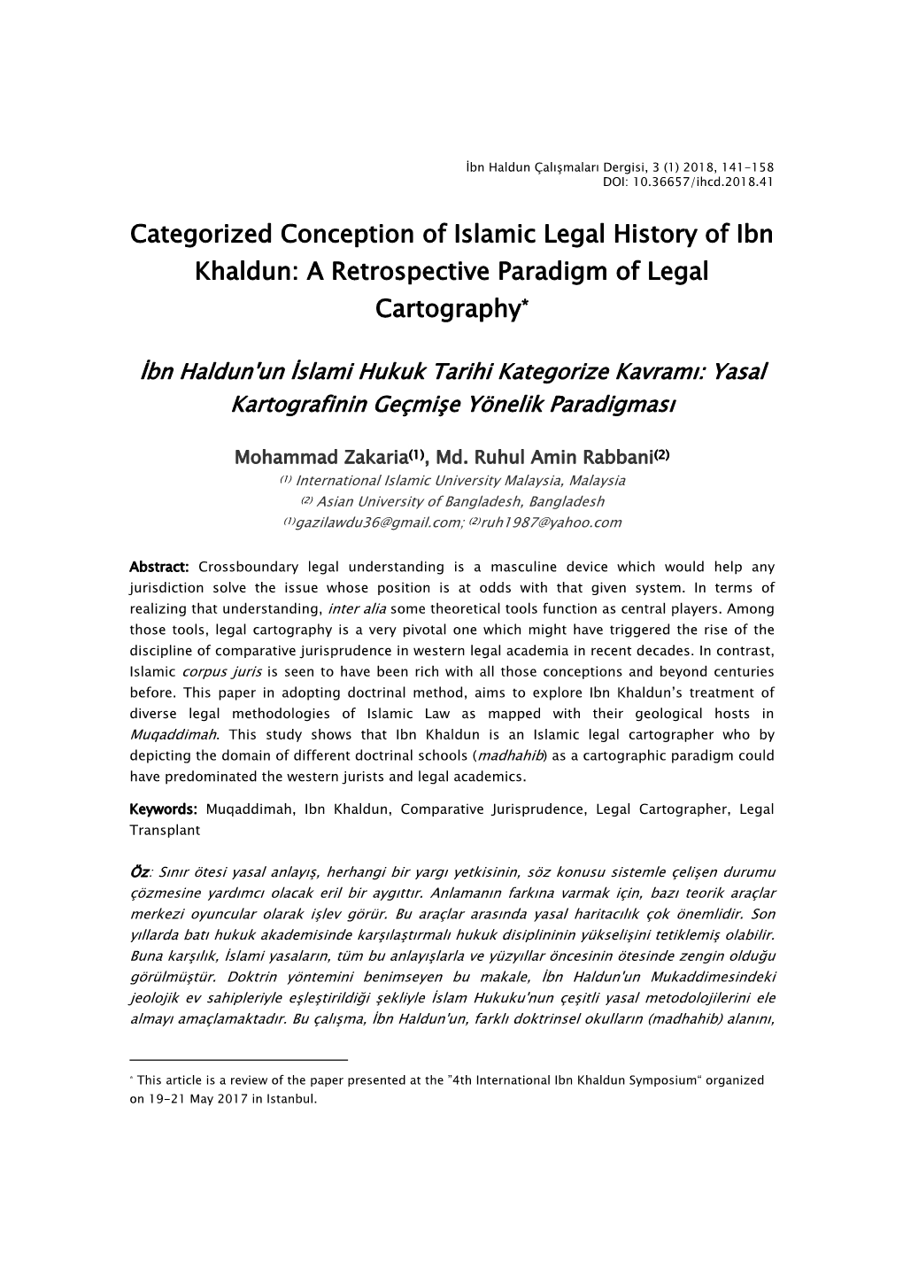 Categorized Conception of Islamic Legal History of Ibn Khaldun: a Retrospective Paradigm of Legal Cartography*