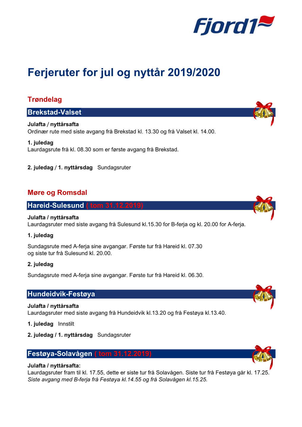 Ferjeruter for Jul Og Nyttår 2019/2020