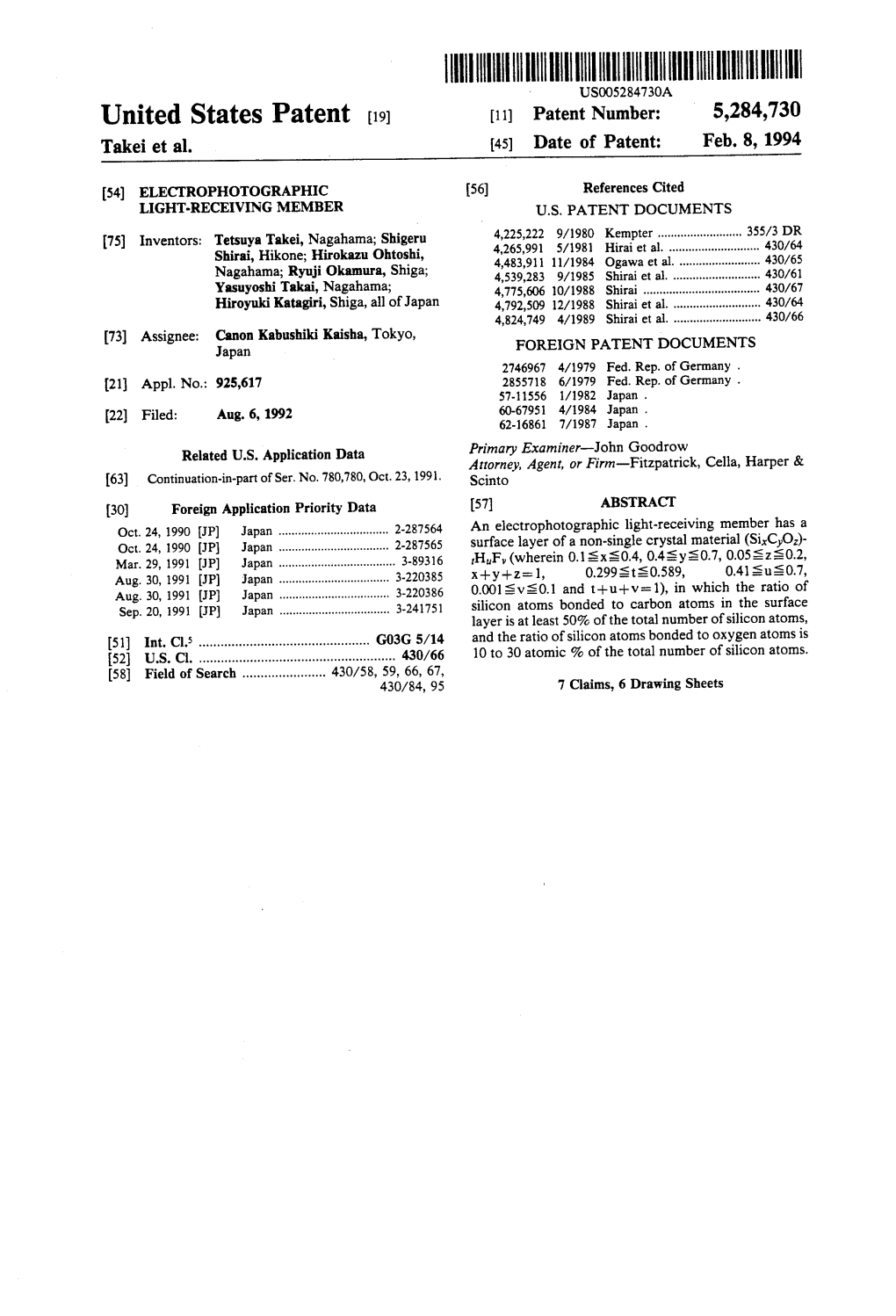 United States Patent (19) 11) Patent Number: 5,284,730 Takei Et Al