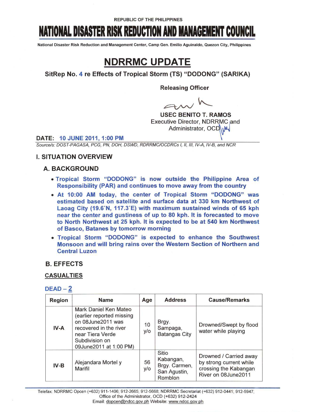 NDRRMC Update Sitrep No. 4 Re Effects of TS DODONG 10 June