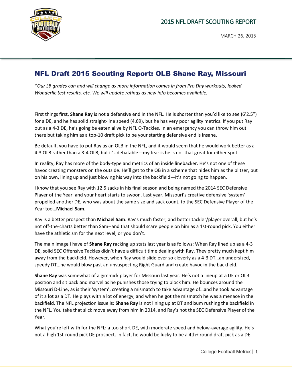 NFL Draft 2015 Scouting Report: OLB Shane Ray, Missouri