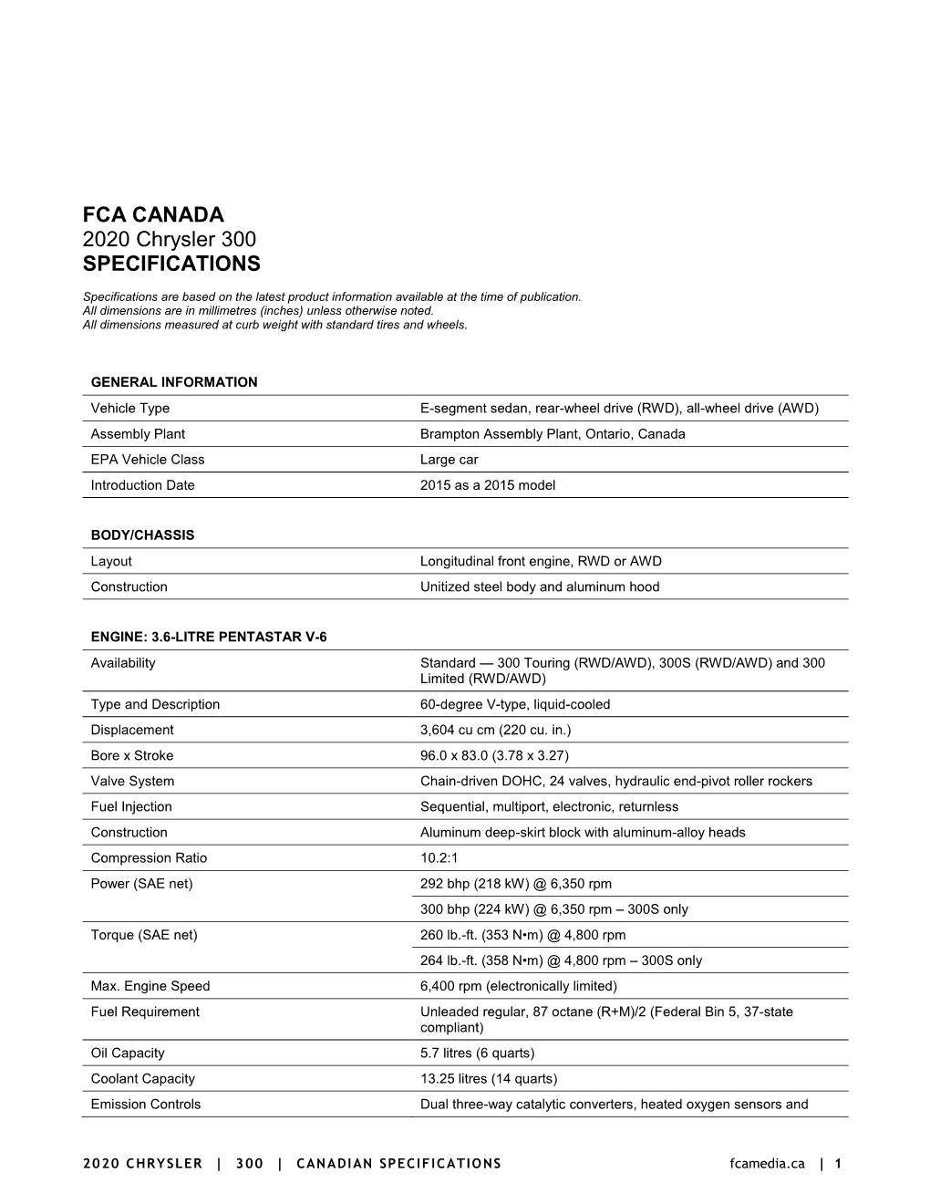 FCA CANADA 2020 Chrysler 300 SPECIFICATIONS