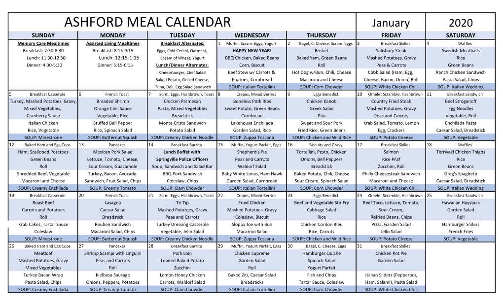 Ashford Meal Calendar