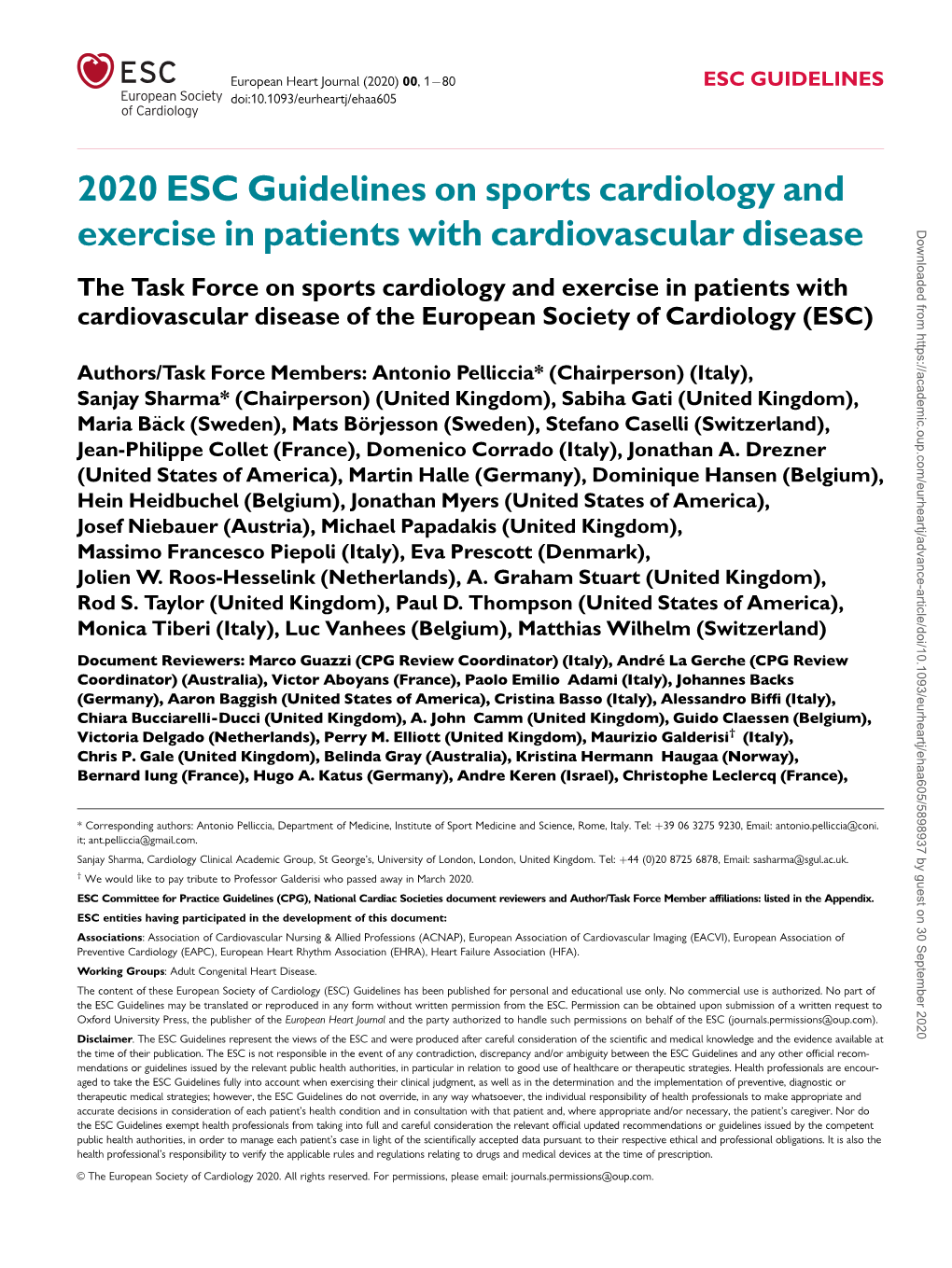 2020 ESC Guidelines on Sports Cardiology and Exercise In