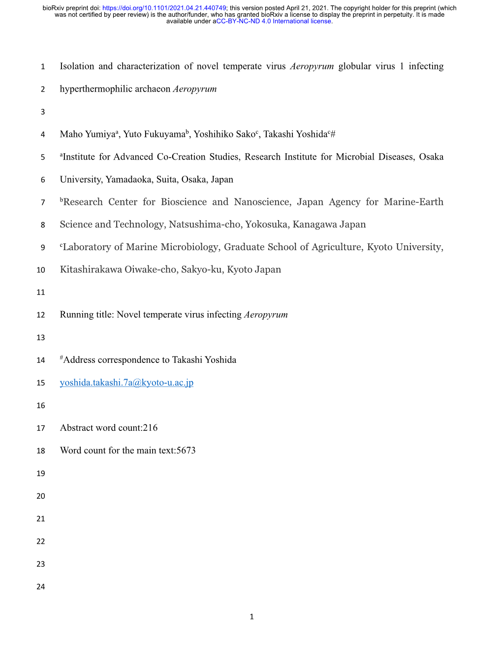 Isolation and Characterization of Novel Temperate Virus Aeropyrum Globular Virus 1 Infecting