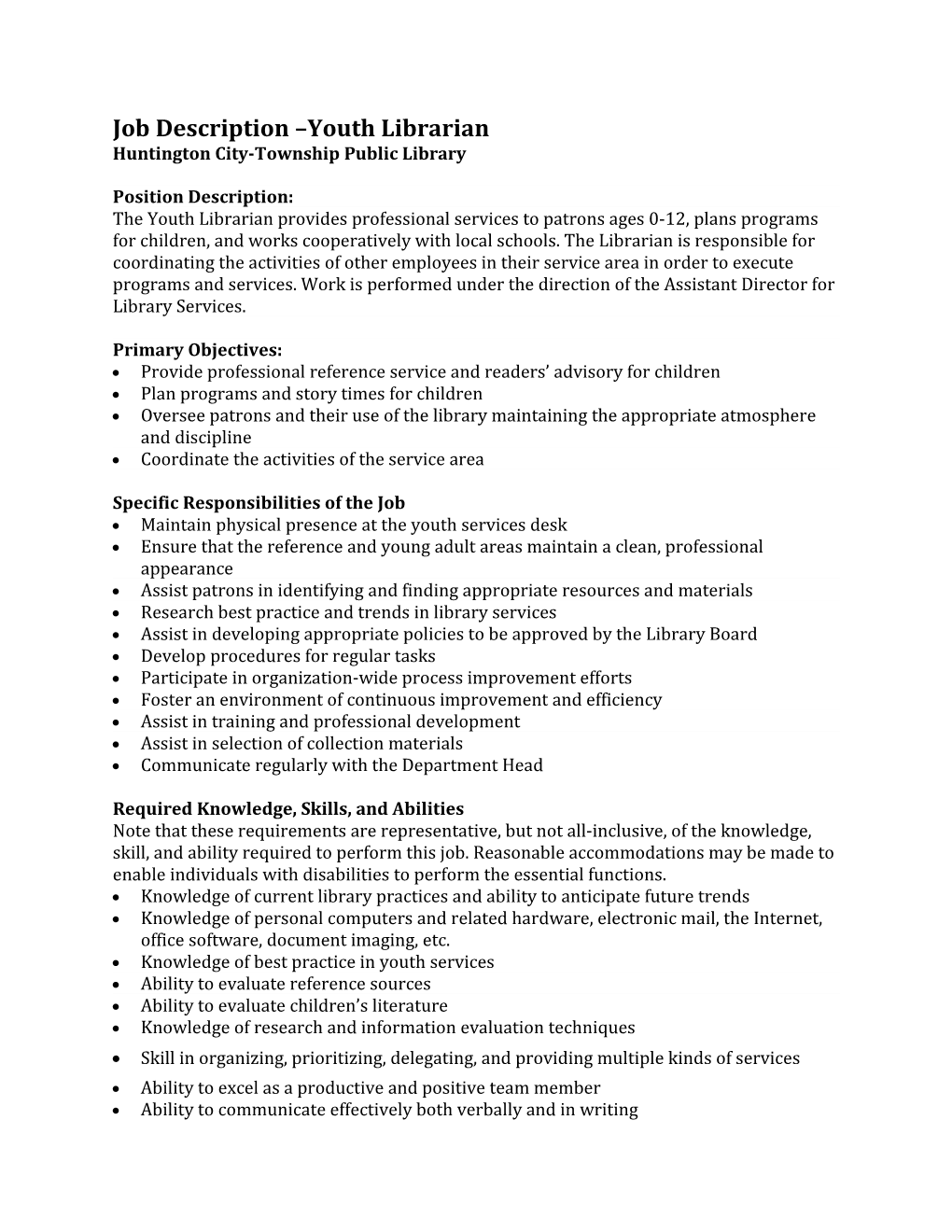 Job Description Youth Librarian