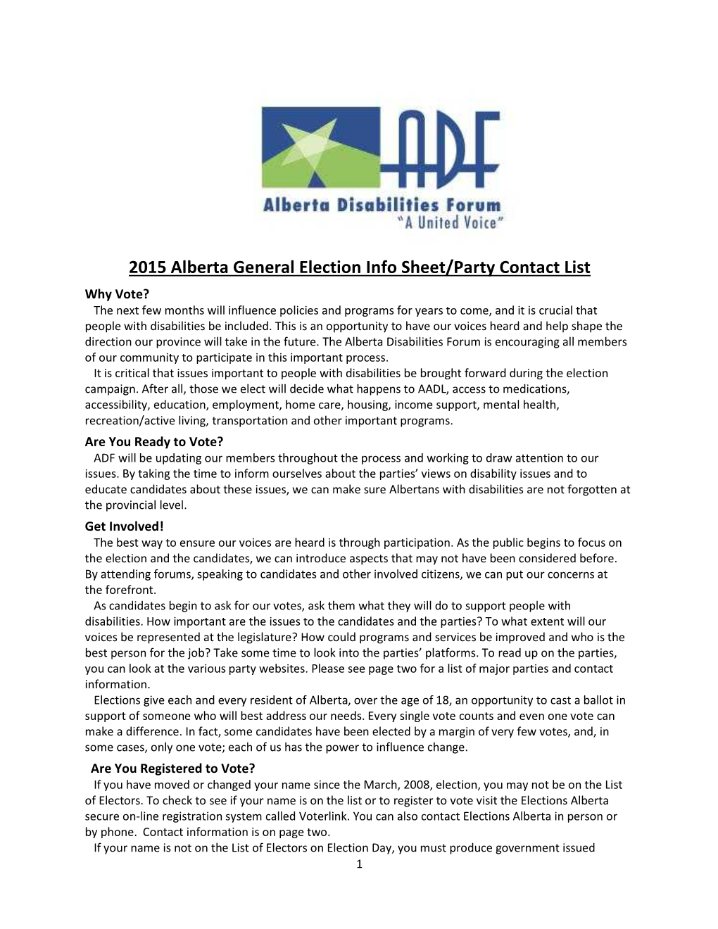 2015 Alberta General Election Info Sheet/Party Contact List