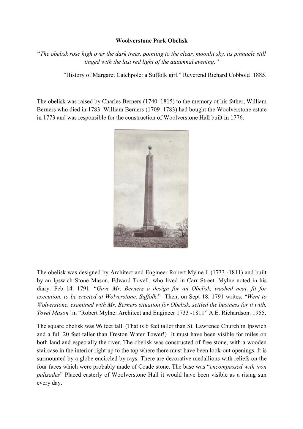 Woolverstone Park Obelisk “The Obelisk Rose High Over the Dark