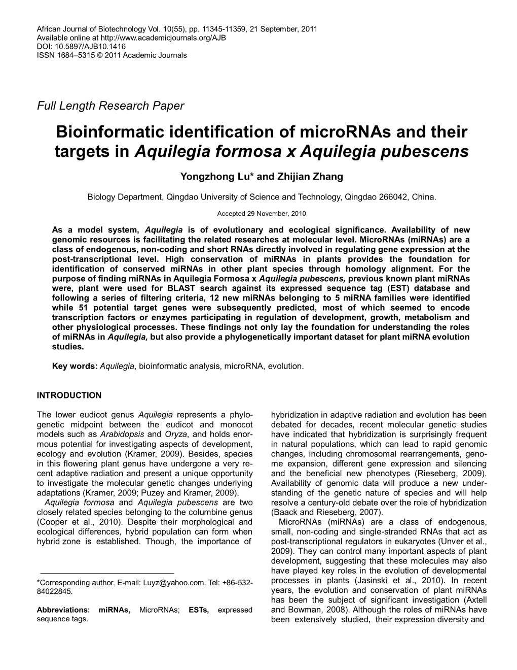 Bioinformatic Identification of Micrornas and Their Targets in Aquilegia Formosa X Aquilegia Pubescens