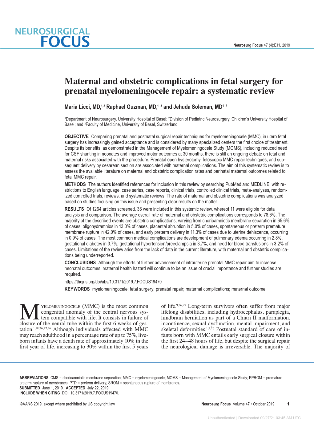 Maternal and Obstetric Complications in Fetal Surgery for Prenatal Myelomeningocele Repair: a Systematic Review