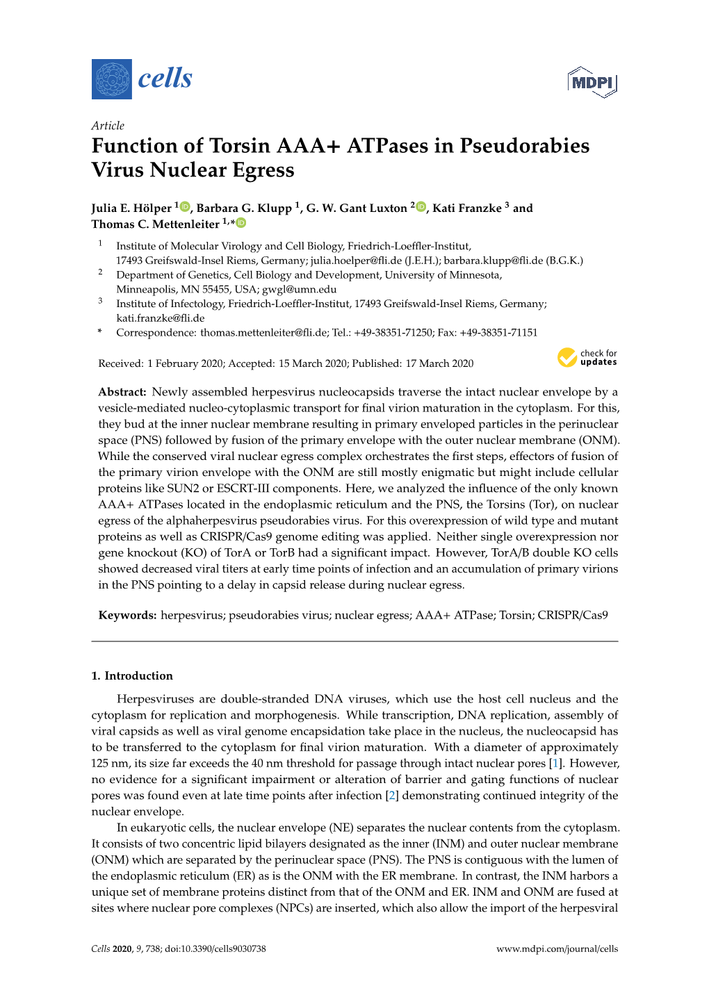 Function of Torsin AAA+ Atpases in Pseudorabies Virus Nuclear Egress
