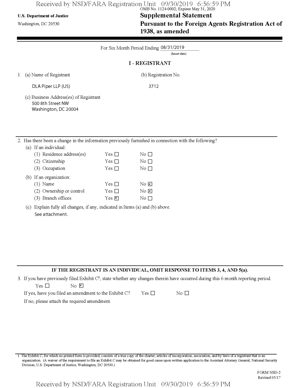 Received Bv NSD/FARA Registration Unit 09/30/2019 6:56:59 PM OMB No