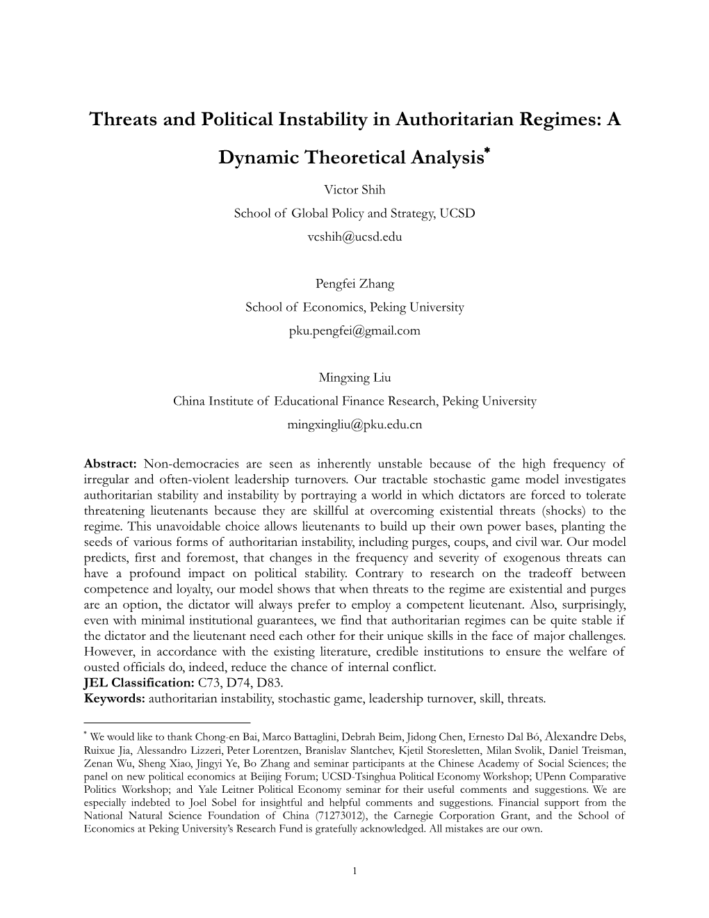 Threats and Political Instability in Authoritarian Regimes: a Dynamic Theoretical Analysis