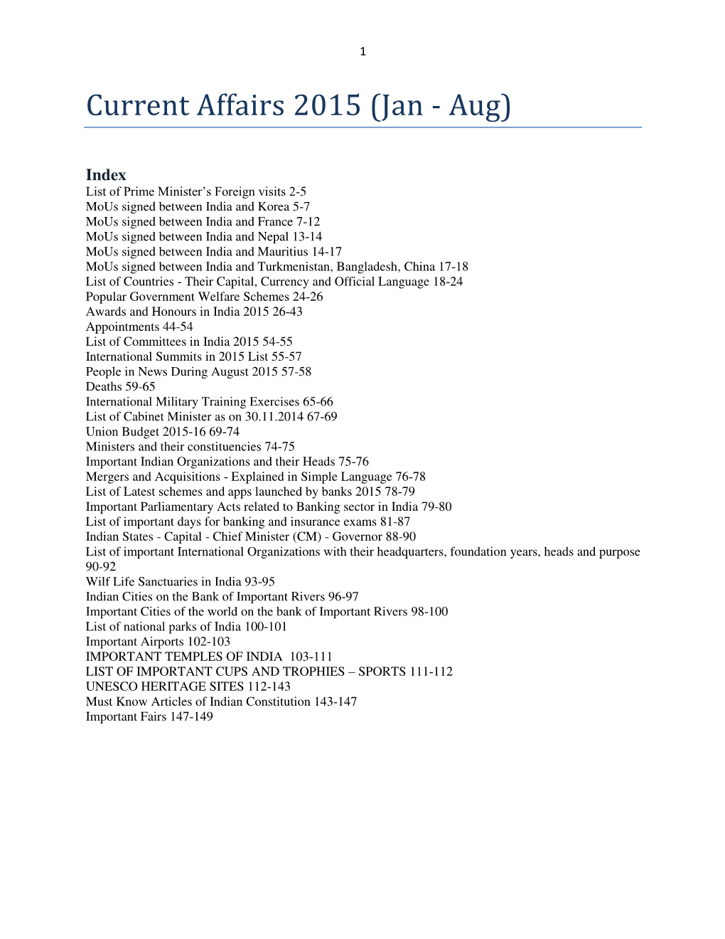 Current Affairs 2015 (Jan - Aug)