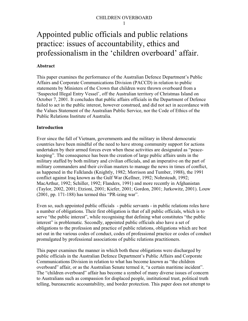 Appointed Public Officials and Public Relations Practice: Issues of Accountability, Ethics and Professionalism in the ‘Children Overboard’ Affair