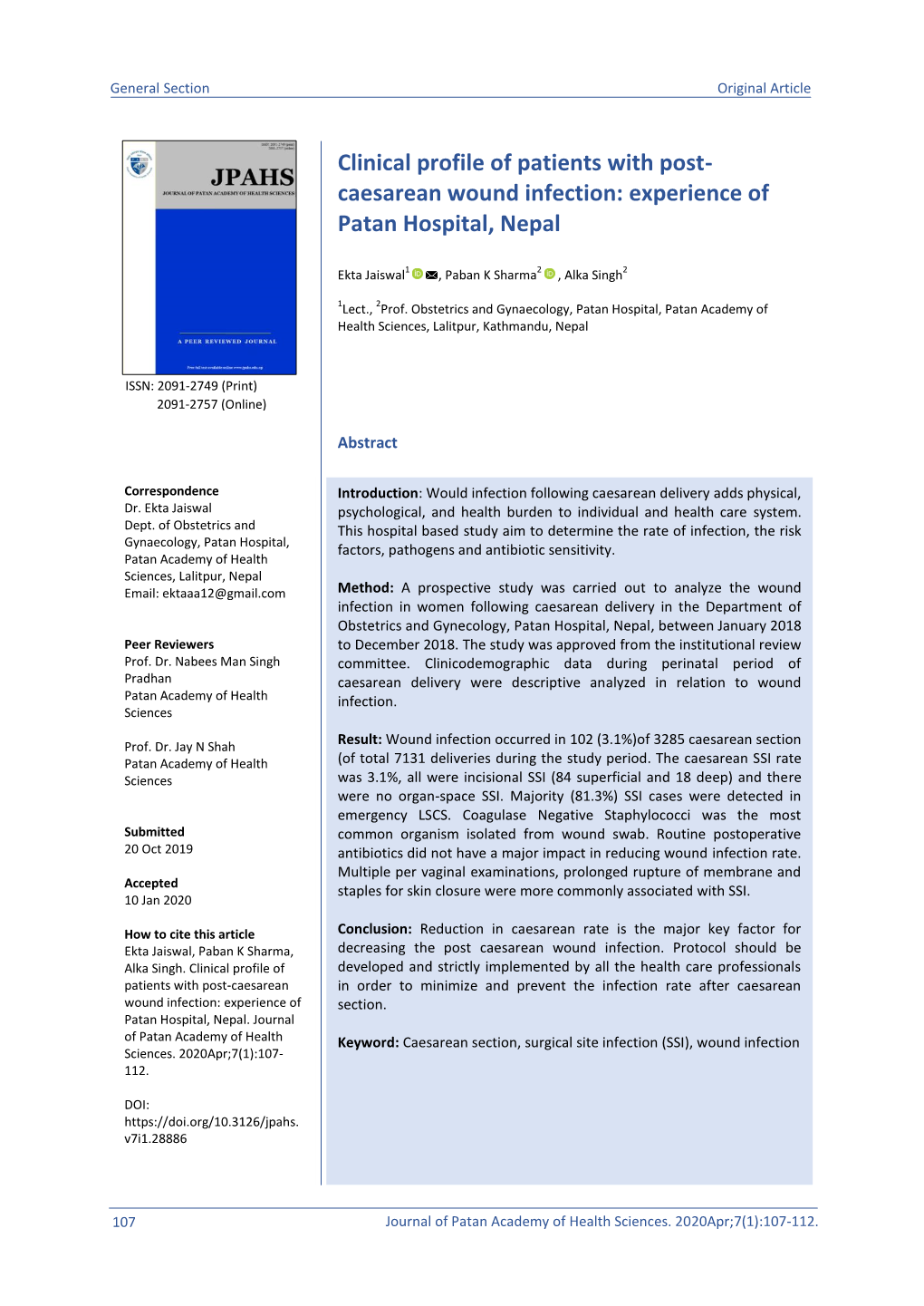 Clinical Profile of Patients with Post- Caesarean Wound Infection: Experience of Patan Hospital, Nepal