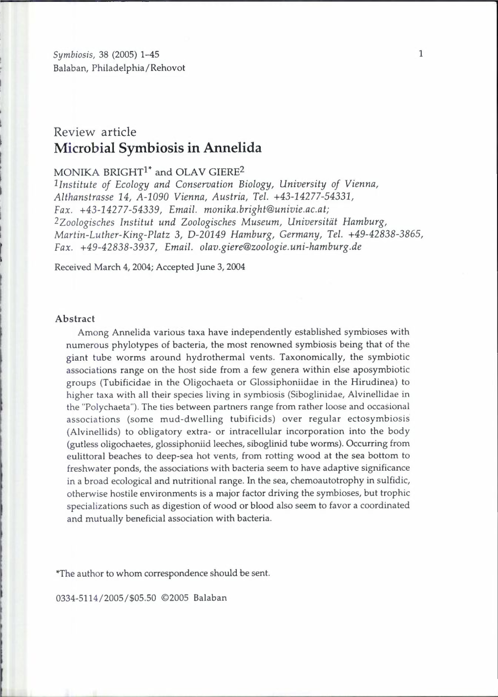 Microbial Symbiosis in Annelida