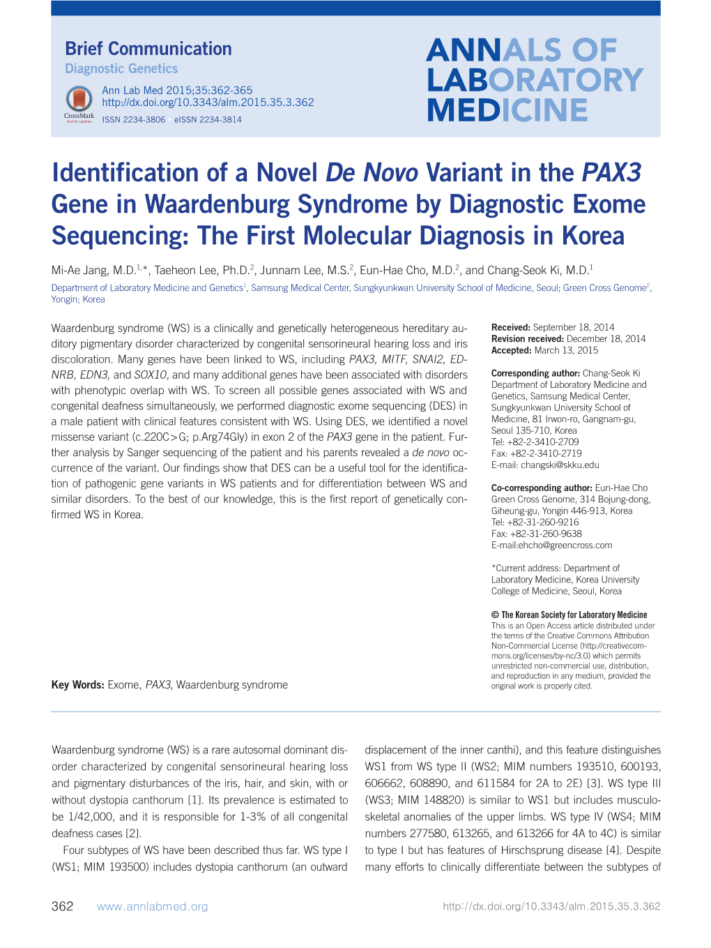 Identification of a Novel De Novo Variant in the PAX3 Gene in Waardenburg Syndrome by Diagnostic Exome Sequencing: the First Molecular Diagnosis in Korea