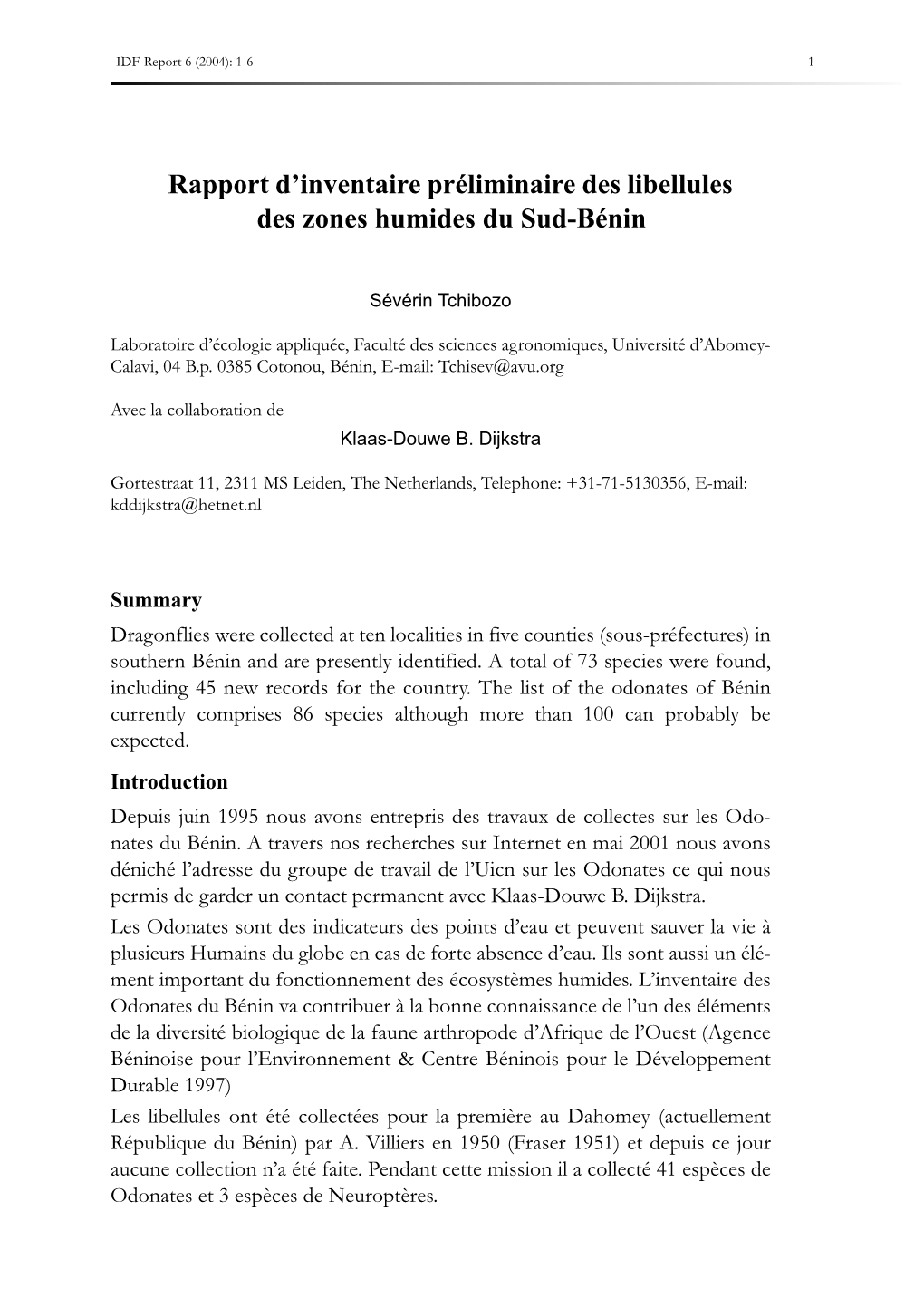 Rapport D'inventaire Préliminaire Des Libellules Des Zones Humides Du Sud-Bénin