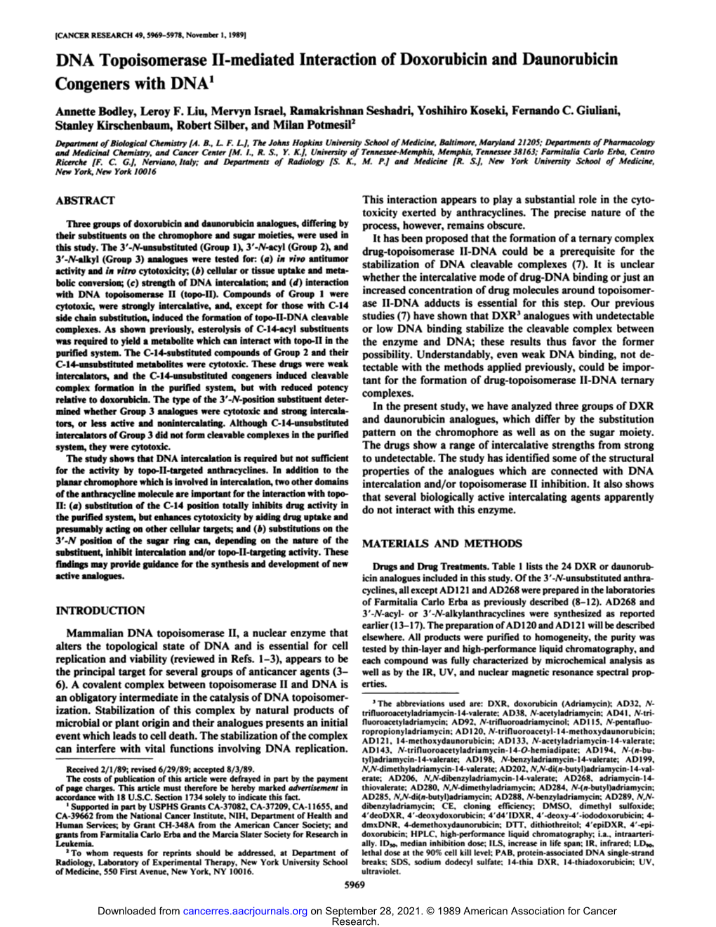 DNA Topoisomerase II-Mediated Interaction of Doxorubicin and Daunorubicin Congeners with DNA1