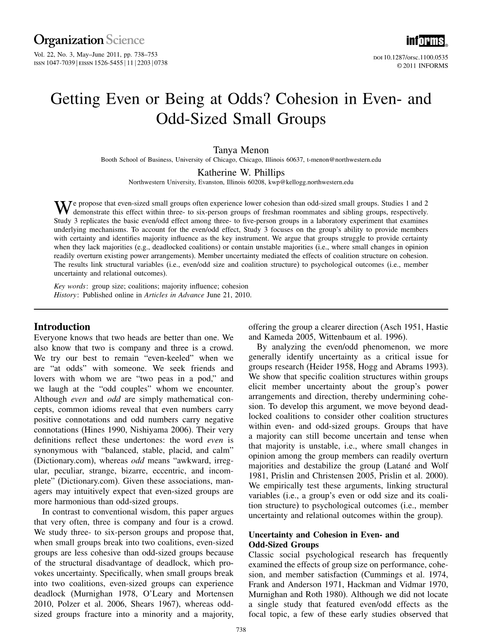 Cohesion in Even- and Odd-Sized Small Groups