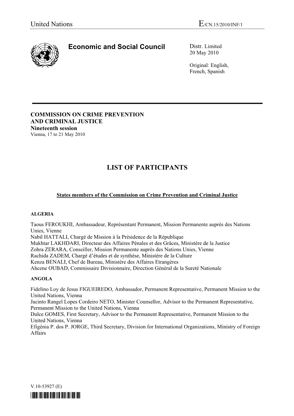 United Nations Economic and Social Council LIST of PARTICIPANTS