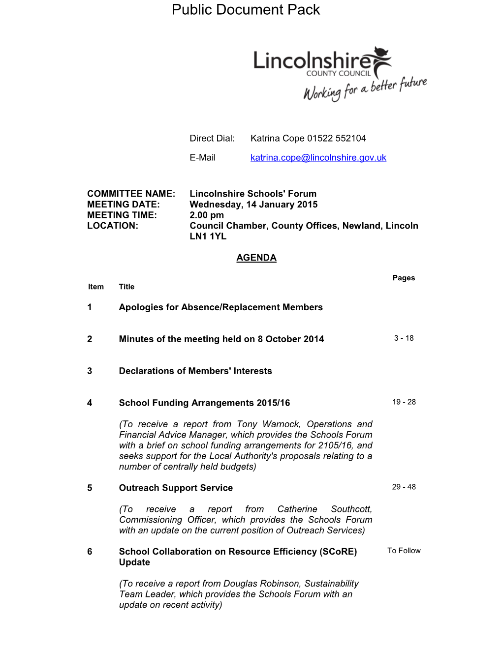 (Public Pack)Agenda Document for Lincolnshire Schools' Forum, 14/01