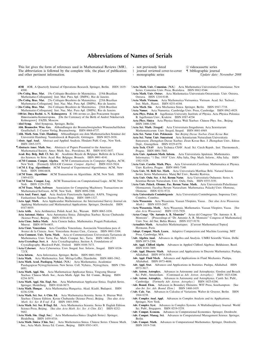 Abbreviations of Names of Serials