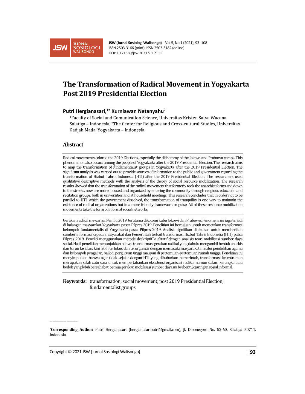 The Transformation of Radical Movement in Yogyakarta Post 2019 Presidential Election