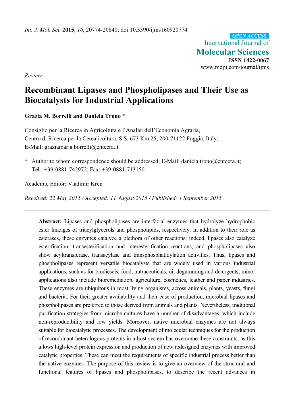 Recombinant Lipases and Phospholipases and Their Use As Biocatalysts for Industrial Applications