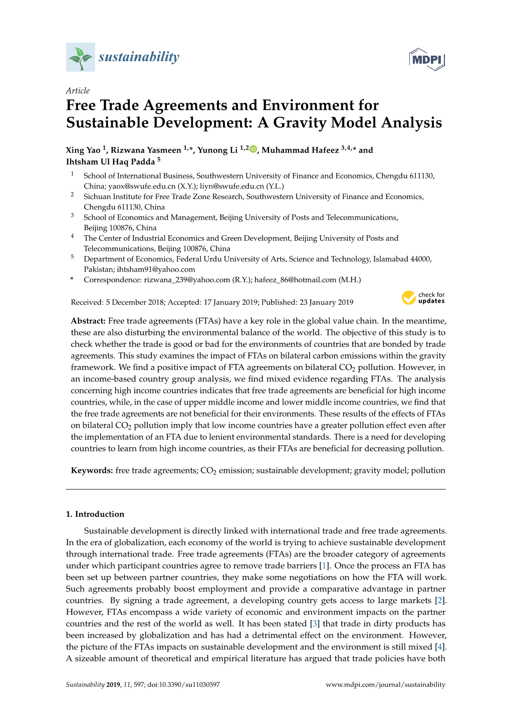 Free Trade Agreements and Environment for Sustainable Development: a Gravity Model Analysis