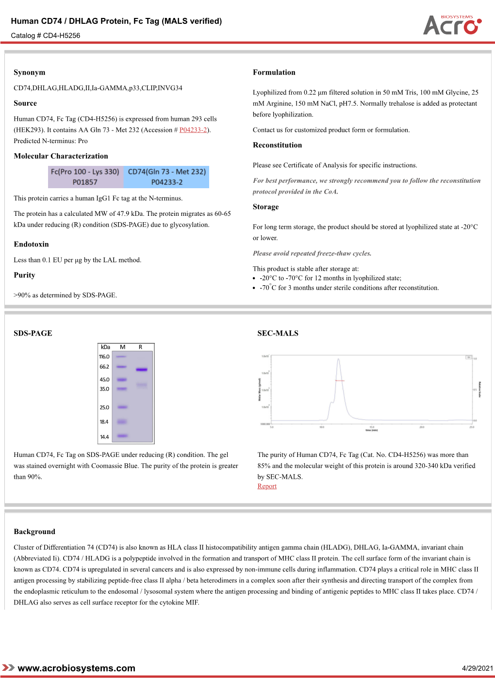 4/29/2021 Human CD74 / DHLAG Protein, Fc Tag (MALS Verified) Catalog # CD4-H5256