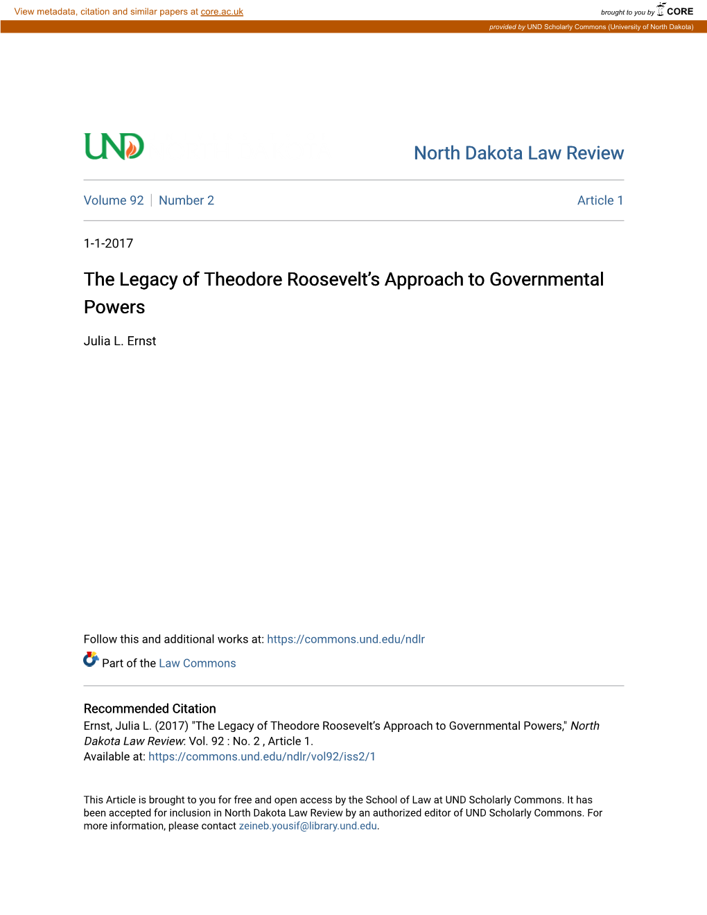 The Legacy of Theodore Rooseveltâ•Žs Approach to Governmental Powers