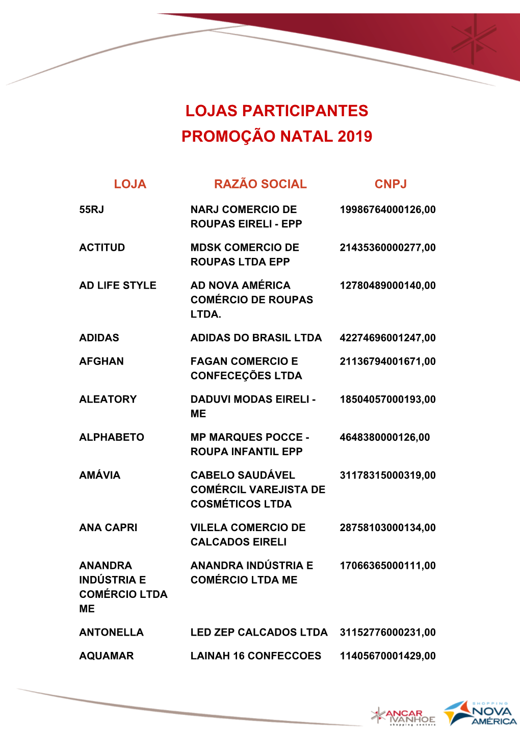 Lojas Participantes Promoção Natal 2019