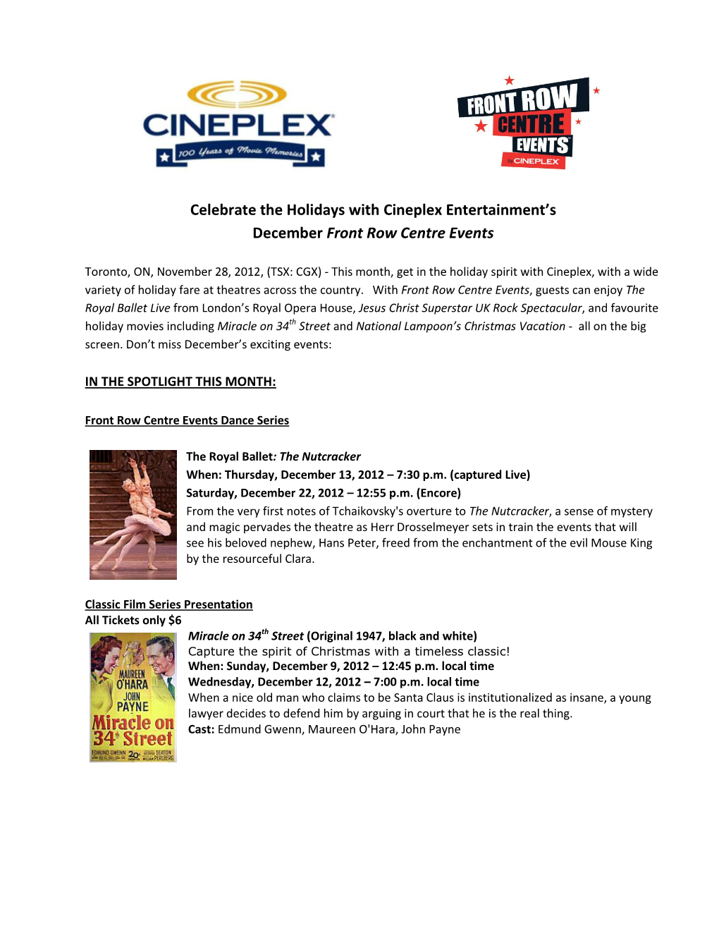 Celebrate the Holidays with Cineplex Entertainment's December Front