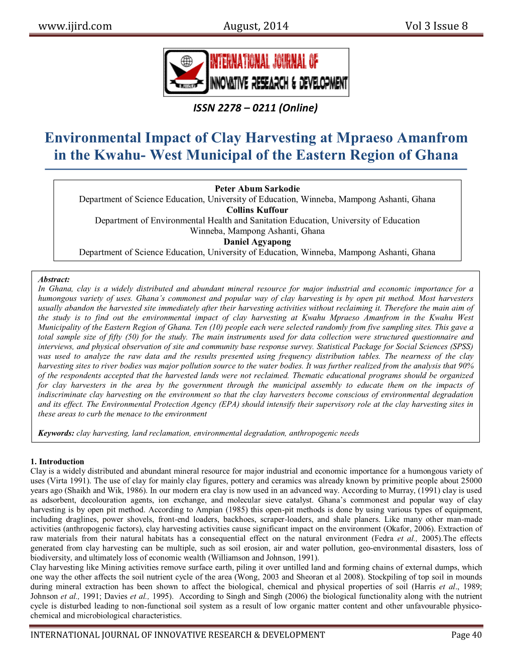 Environmental Impact of Clay Harvesting at Mpraeso Amanfrom in the Kwahu- West Municipal of the Eastern Region of Ghana