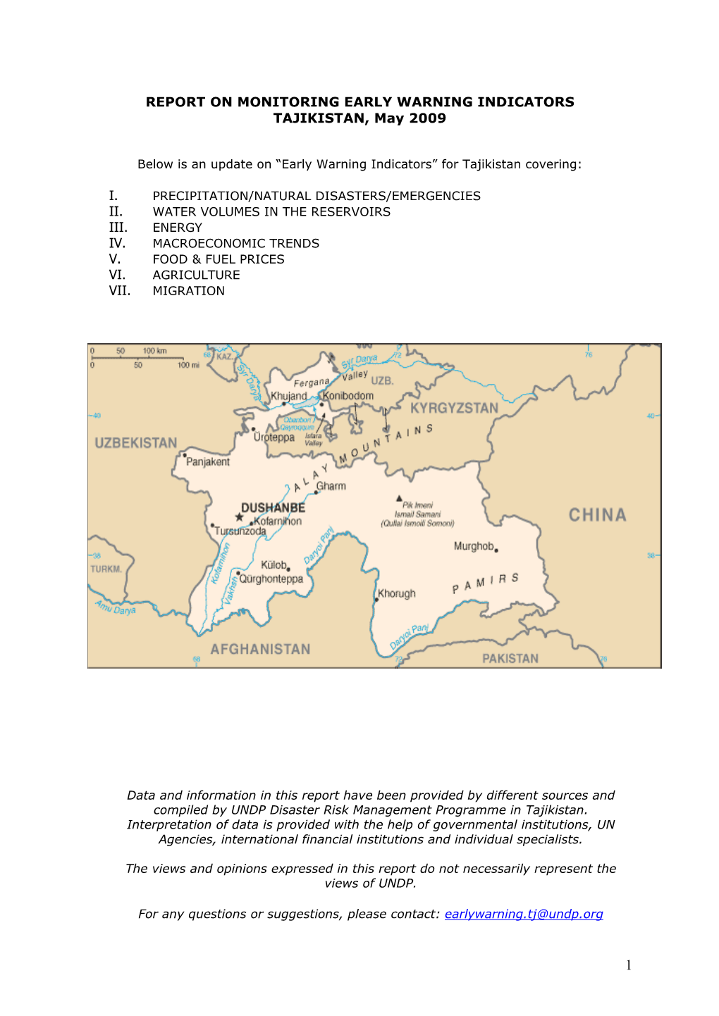 REPORT on MONITORING EARLY WARNING INDICATORS TAJIKISTAN, May 2009