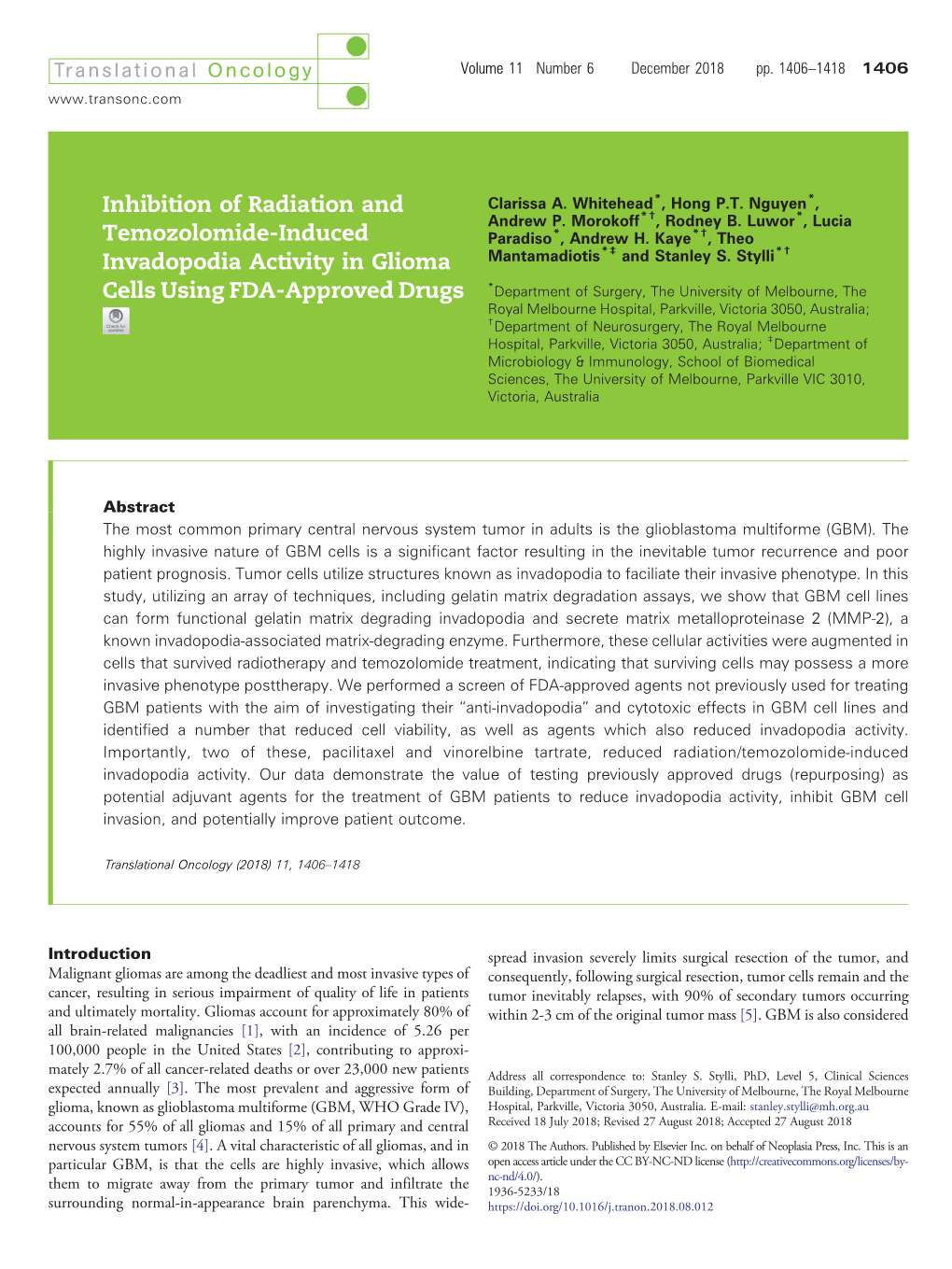 Inhibition of Radiation and Temozolomide-Induced Invadopodia Whitehead Et Al